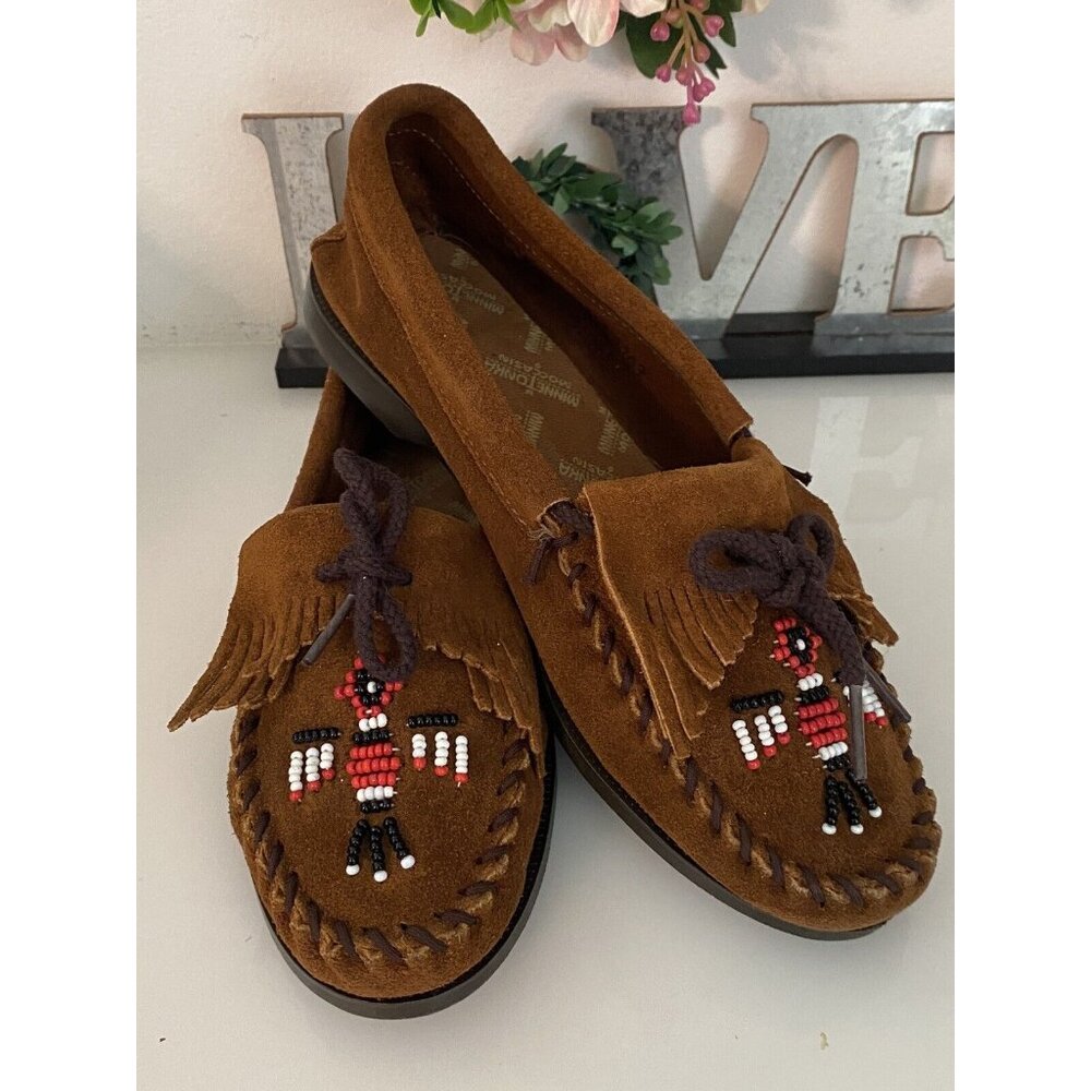 Minnetonka Women's Leather Moccasin W/ Thunderbird Beading Shoes Flats Sz 6 NWOB